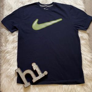 Nike Navy Blue T-shirt with Green Swoosh, Men’s XL
